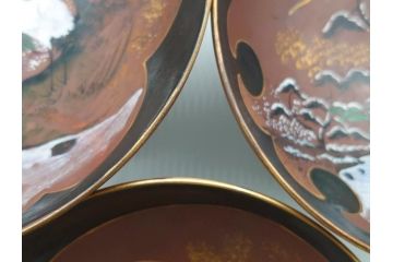 備前陶森　葛尾　絵備前　蓬草仙之図　壱組　富士庵収蔵古備前　三ツ重盃(杯)3客セット(共箱付き、茶碗、色絵、金彩、鶴亀図)(R-062604)