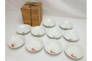 十二代　酒井田柿右衛門　錦海老画　4.8寸　約14.5cm　中皿10客セット(共箱付き、和食器、和皿、4寸8分)(R-062618)