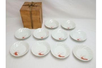 十二代　酒井田柿右衛門　錦海老画　4.8寸　約14.5cm　中皿10客セット(共箱付き、和食器、和皿、4寸8分)(R-062618)