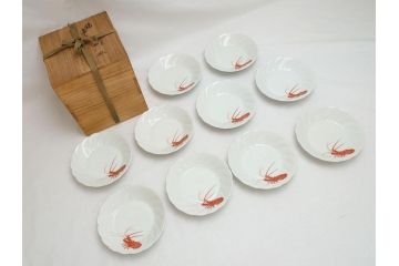 十二代　酒井田柿右衛門　錦海老画　4.8寸　約14.5cm　中皿10客セット(共箱付き、和食器、和皿、4寸8分)(R-062618)