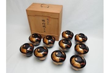 輪島塗　老松　蒔絵　木製　吸物椀10客セット(雑煮椀、黒漆、お椀、漆器)(R-062619)