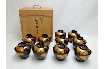 輪島塗　老松　蒔絵　木製　吸物椀10客セット(雑煮椀、黒漆、お椀、漆器)(R-062619)