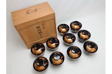 輪島塗　老松　蒔絵　木製　吸物椀10客セット(雑煮椀、黒漆、お椀、漆器)(R-062619)