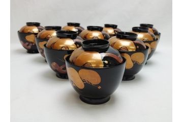 輪島塗　老松　蒔絵　木製　吸物椀10客セット(雑煮椀、黒漆、お椀、漆器)(R-062619)