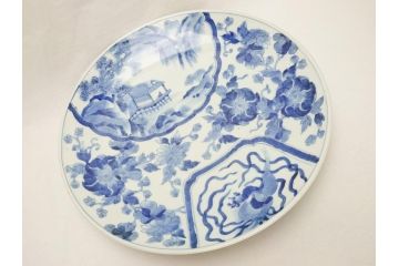 染付　鳳凰文　花弁紋　山水図　一尺四寸　約40cm　大皿(朝顔、菊、1尺4寸、和食器、和皿)(R-062625)