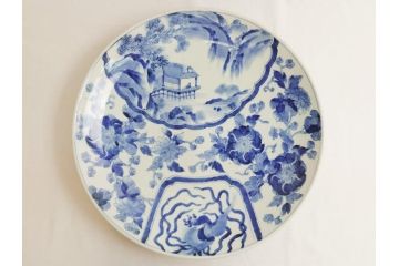 染付　鳳凰文　花弁紋　山水図　一尺四寸　約40cm　大皿(朝顔、菊、1尺4寸、和食器、和皿)(R-062625)