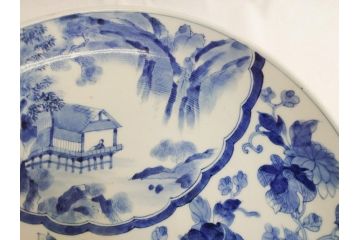 染付　鳳凰文　花弁紋　山水図　一尺四寸　約40cm　大皿(朝顔、菊、1尺4寸、和食器、和皿)(R-062625)