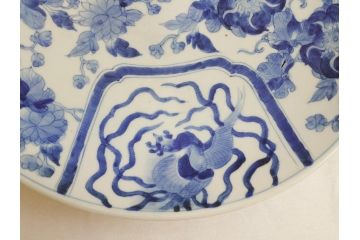 染付　鳳凰文　花弁紋　山水図　一尺四寸　約40cm　大皿(朝顔、菊、1尺4寸、和食器、和皿)(R-062625)