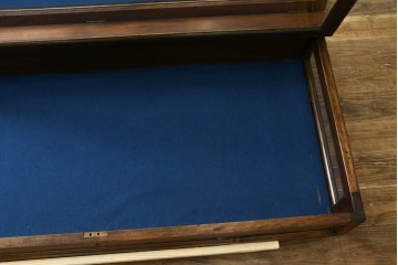 イギリスアンティーク　卓上　平置き　ブルーと深みのある木味の組合せがシックな両開きガラスケース　(R-062647)