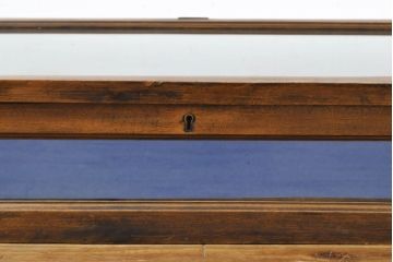 イギリスアンティーク　卓上　平置き　ブルーと深みのある木味の組合せがシックな両開きガラスケース(ショーケース、店舗什器、陳列棚、コレクションケース)(R-062647)
