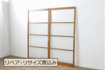 アンティーク建具　シンプルなデザインでお部屋に取り入れやすいガラス戸2枚セット(引き戸、建具)(R-062650)