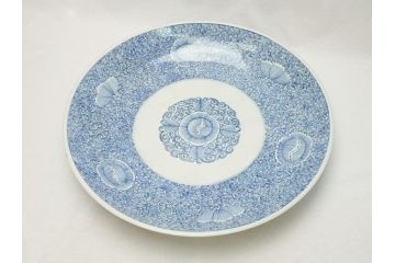 江戸期　古伊万里　染付　線描　花唐草　1尺3寸皿　約41cm　大皿(一尺三寸、和食器、和皿)(R-062655)