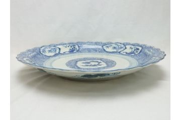 江戸期　古伊万里　染付　線描　松竹梅文　花唐草　1尺4寸皿　約44cm　大皿(一尺四寸、和食器、和皿)(R-062656)