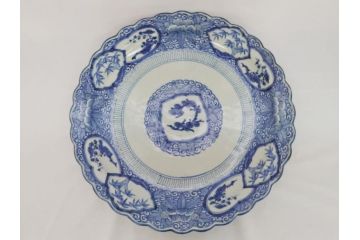江戸期　古伊万里　染付　線描　松竹梅文　花唐草　1尺4寸皿　約44cm　大皿(一尺四寸、和食器、和皿)(R-062656)