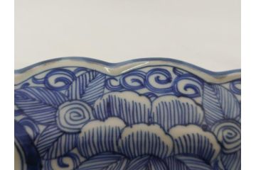 江戸期　古伊万里　染付　線描　松竹梅文　花唐草　1尺4寸皿　約44cm　大皿(一尺四寸、和食器、和皿)(R-062656)