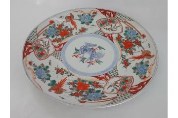 江戸幕末　古伊万里　色絵染付　金彩　麒麟　鳳凰　花蝶図　1尺5寸皿　約46cm　大皿(一尺五寸、花鳥文、和食器、和皿)(R-062657)