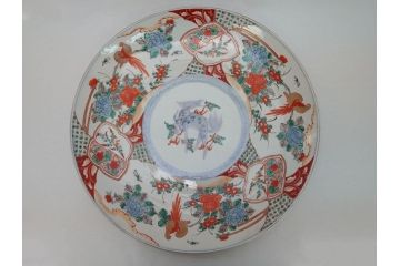 江戸幕末　古伊万里　色絵染付　金彩　麒麟　鳳凰　花蝶図　1尺5寸皿　約46cm　大皿(一尺五寸、花鳥文、和食器、和皿)(R-062657)