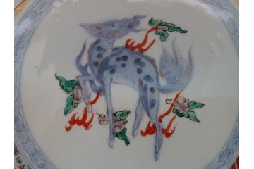 江戸幕末　古伊万里　色絵染付　金彩　麒麟　鳳凰　花蝶図　1尺5寸皿　約46cm　大皿(一尺五寸、花鳥文、和食器、和皿)(R-062657)