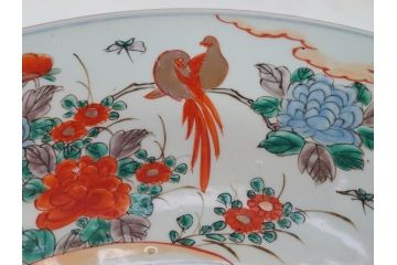 江戸幕末　古伊万里　色絵染付　金彩　麒麟　鳳凰　花蝶図　1尺5寸皿　約46cm　大皿(一尺五寸、花鳥文、和食器、和皿)(R-062657)
