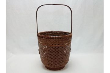 八木澤啓造(蒼かん)　時雨花籠(共箱付き、花入、竹工芸、花カゴ、竹細工、手付、竹かご)(R-062662)