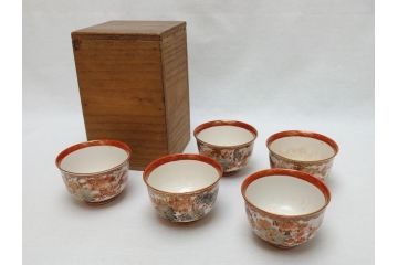 江戸〜明治期　大日本九谷製　赤絵　金彩　花鳥文　煎茶碗5客セット(共箱付き、湯呑、向付、煎茶器、玉露碗、猪口、和食器)(R-062663)