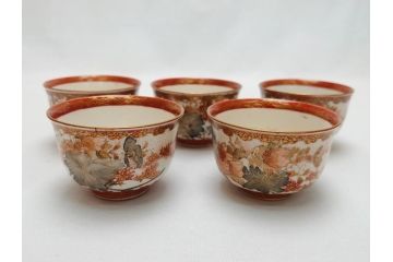 江戸〜明治期　大日本九谷製　赤絵　金彩　花鳥文　煎茶碗5客セット(共箱付き、湯呑、向付、煎茶器、玉露碗、猪口、和食器)(R-062663)