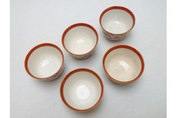 江戸〜明治期　大日本九谷製　赤絵　金彩　花鳥文　煎茶碗5客セット(共箱付き、湯呑、向付、煎茶器、玉露碗、猪口、和食器)(R-062663)