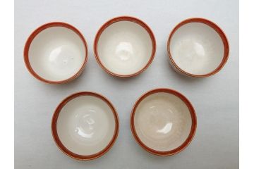 江戸〜明治期　大日本九谷製　赤絵　金彩　花鳥文　煎茶碗5客セット(共箱付き、湯呑、向付、煎茶器、玉露碗、猪口、和食器)(R-062663)