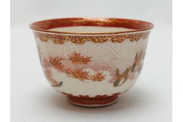 江戸〜明治期　大日本九谷製　赤絵　金彩　花鳥文　煎茶碗5客セット(共箱付き、湯呑、向付、煎茶器、玉露碗、猪口、和食器)(R-062663)