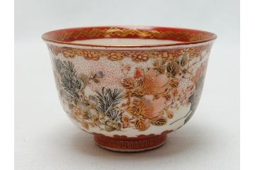 江戸〜明治期　大日本九谷製　赤絵　金彩　花鳥文　煎茶碗5客セット(共箱付き、湯呑、向付、煎茶器、玉露碗、猪口、和食器)(R-062663)