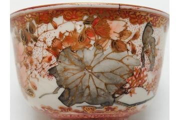 江戸〜明治期　大日本九谷製　赤絵　金彩　花鳥文　煎茶碗5客セット(共箱付き、湯呑、向付、煎茶器、玉露碗、猪口、和食器)(R-062663)