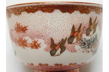 江戸〜明治期　大日本九谷製　赤絵　金彩　花鳥文　煎茶碗5客セット(共箱付き、湯呑、向付、煎茶器、玉露碗、猪口、和食器)(R-062663)