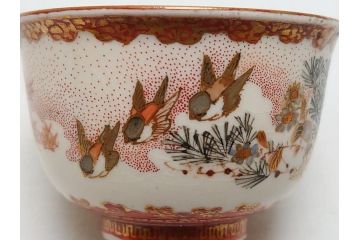 江戸〜明治期　大日本九谷製　赤絵　金彩　花鳥文　煎茶碗5客セット(共箱付き、湯呑、向付、煎茶器、玉露碗、猪口、和食器)(R-062663)