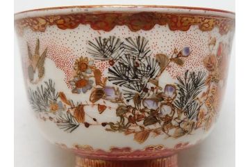 江戸〜明治期　大日本九谷製　赤絵　金彩　花鳥文　煎茶碗5客セット(共箱付き、湯呑、向付、煎茶器、玉露碗、猪口、和食器)(R-062663)