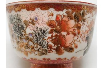 江戸〜明治期　大日本九谷製　赤絵　金彩　花鳥文　煎茶碗5客セット(共箱付き、湯呑、向付、煎茶器、玉露碗、猪口、和食器)(R-062663)