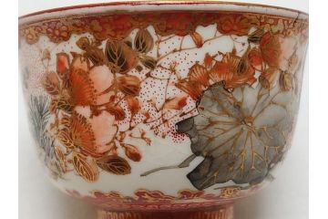 江戸〜明治期　大日本九谷製　赤絵　金彩　花鳥文　煎茶碗5客セット(共箱付き、湯呑、向付、煎茶器、玉露碗、猪口、和食器)(R-062663)