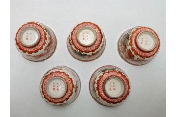 江戸〜明治期　大日本九谷製　赤絵　金彩　花鳥文　煎茶碗5客セット(共箱付き、湯呑、向付、煎茶器、玉露碗、猪口、和食器)(R-062663)