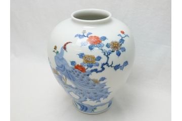 酒井田柿右衛門　花鳥文　孔雀　牡丹　花瓶(花器、花入れ、フラワーベース)(R-062689)