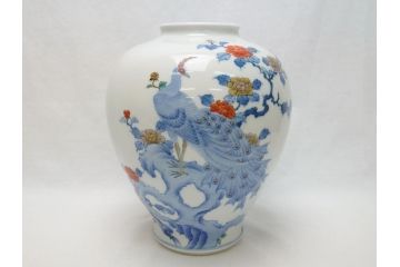 酒井田柿右衛門　花鳥文　孔雀　牡丹　花瓶(花器、花入れ、フラワーベース)(R-062689)
