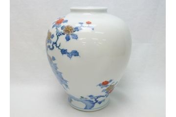 酒井田柿右衛門　花鳥文　孔雀　牡丹　花瓶(花器、花入れ、フラワーベース)(R-062689)
