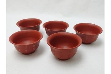 朱泥　漢詩　煎茶碗　湯呑5客セット(お猪口、煎茶道具、酒器、茶器)(R-062690)
