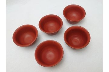 朱泥　漢詩　煎茶碗　湯呑5客セット(お猪口、煎茶道具、酒器、茶器)(R-062690)