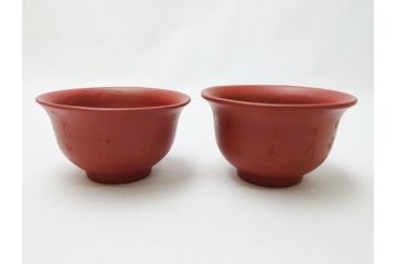 朱泥　漢詩　煎茶碗　湯呑5客セット(お猪口、煎茶道具、酒器、茶器)(R-062690)