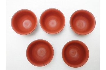 朱泥　漢詩　煎茶碗　湯呑5客セット(お猪口、煎茶道具、酒器、茶器)(R-062690)