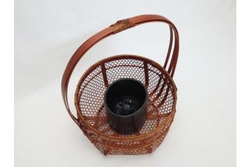 八木澤啓造　黙心　古竹六ツ目手付籠　手付花籠(共箱付き、花器、花入、竹編み、竹工芸、竹籠)(R-062692)