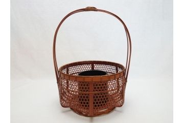 八木澤啓造　黙心　古竹六ツ目手付籠　手付花籠(共箱付き、花器、花入、竹編み、竹工芸、竹籠)(R-062692)
