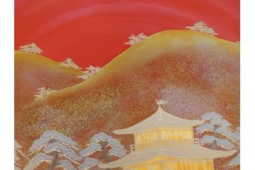 平安象彦　金閣寺　蒔絵　朱塗　大杯　飾皿　大盃(皿立て、共箱付き、漆器)(R-062693)