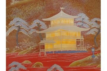 平安象彦　金閣寺　蒔絵　朱塗　大杯　飾皿　大盃(皿立て、共箱付き、漆器)(R-062693)