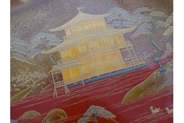 平安象彦　金閣寺　蒔絵　朱塗　大杯　飾皿　大盃(皿立て、共箱付き、漆器)(R-062693)