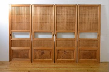 アンティーク建具　上手物　和の風情が感じられる裏障子付き幅狭格子4枚セット(障子戸、引き戸、ガラス戸、建具、ガラス帯戸)(R-062705)